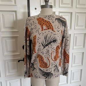 PEPALOVES Cheetah and Palm Print Crewneck Sweater, Size XS